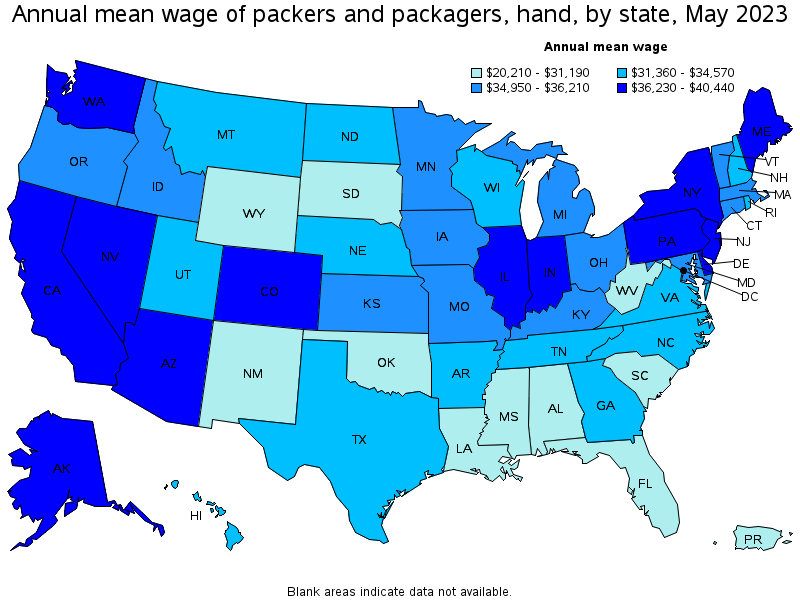 Map of annual mean wages of packers and packagers, hand by state, May 2021