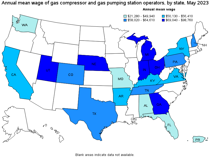 Map of annual mean wages of gas compressor and gas pumping station operators by state, May 2021