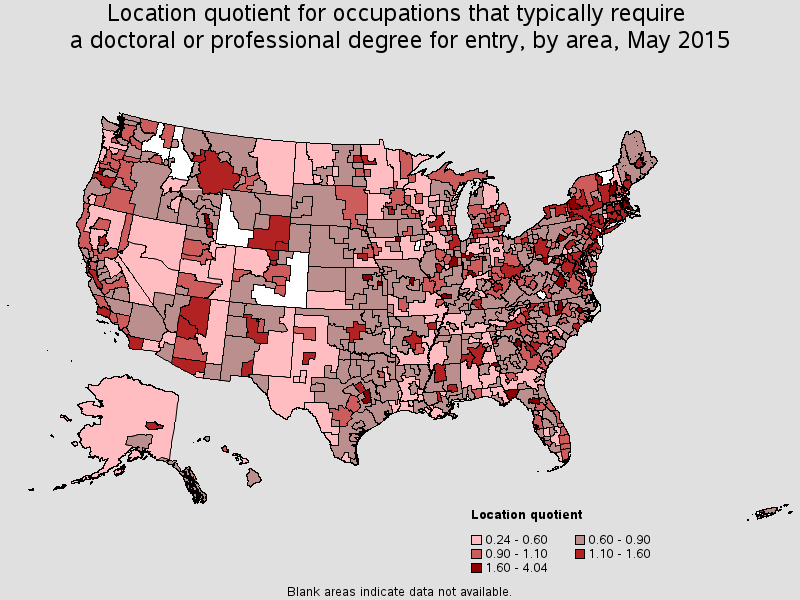 Location quotient for occupations that typically require a doctoral or professional degree for entry, by area, May 2015