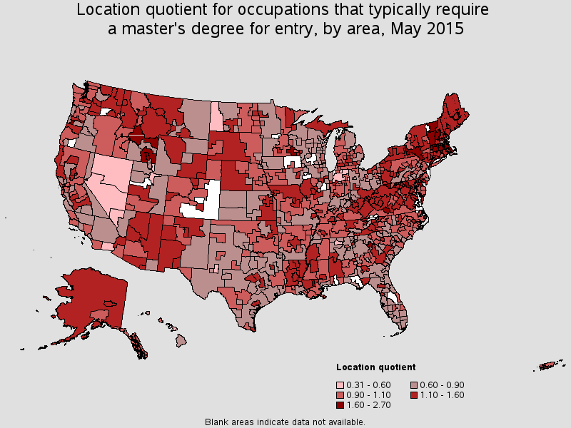 Location quotient for occupations that typically require a master's degree for entry, by area, May 2015