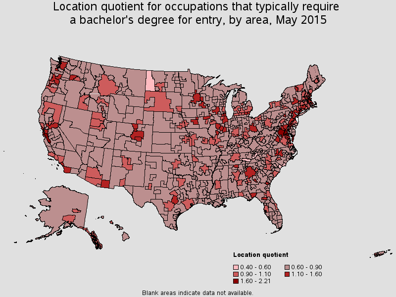 Location quotient for occupations that typically require a bacherlor's degree for entry, by area, May 2015