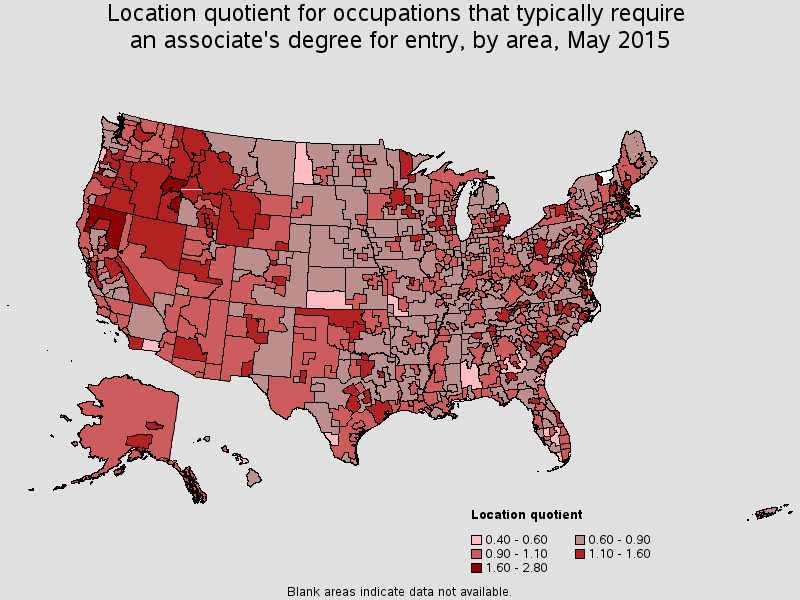 Location quotient for occupations that typically require a associate's degree for entry, by area, May 2015