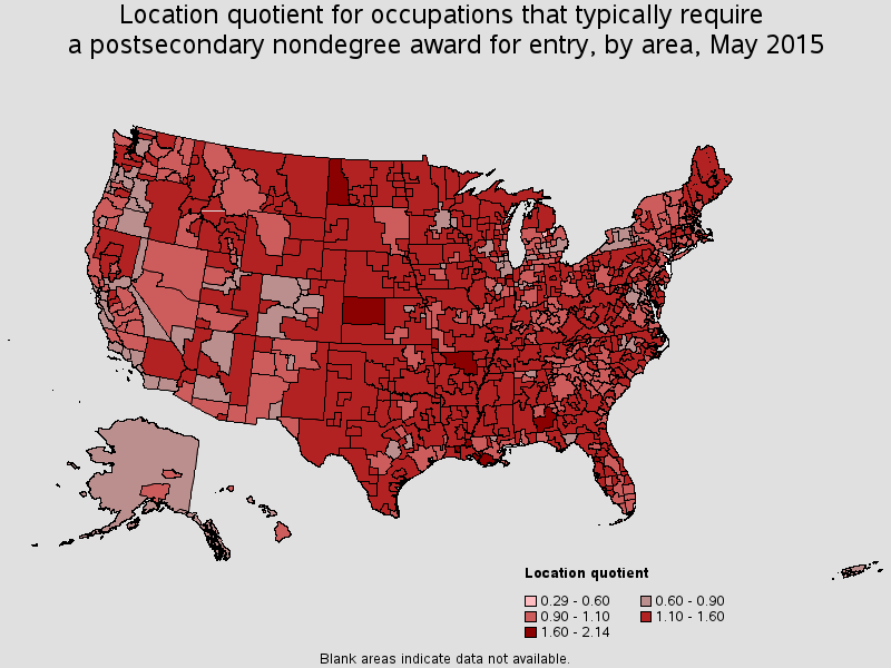 Location quotient for occupations that typically require a postsecondary nondegree award for entry, by area, May 2015