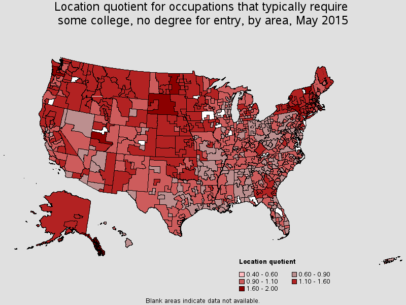 Location quotient for occupations that typically require some college, no degree for entry, by area, May 2015