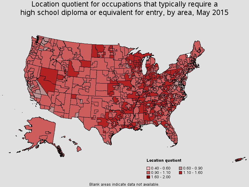 Location quotient for occupations that typically require high school diploma or equivalent for entry, by area, May 2015