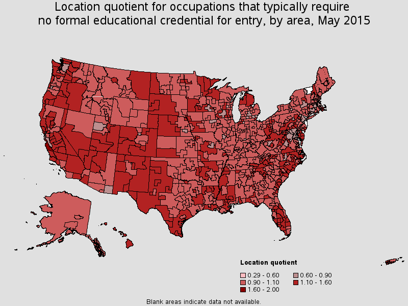 Location quotient for occupations that typically require no formal educational credential for entry, by area, May 2015