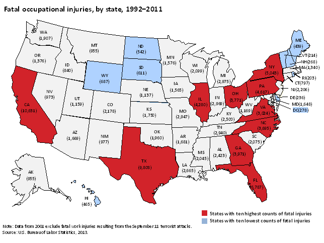 Fatal occupational injuries, by state, 1992–2011
