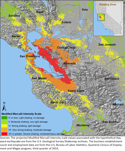 Map of the area effected by an earthquake in the Bay Area