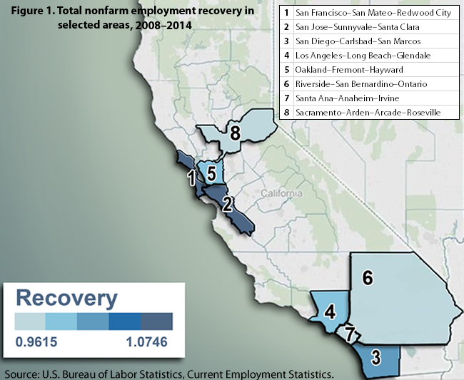 Figure 1. Total nonfarm employment recovery in selected areas, 2008–2014