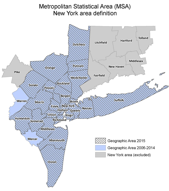 Metropolitan statistical area of New York by definition from 2006 to 2015