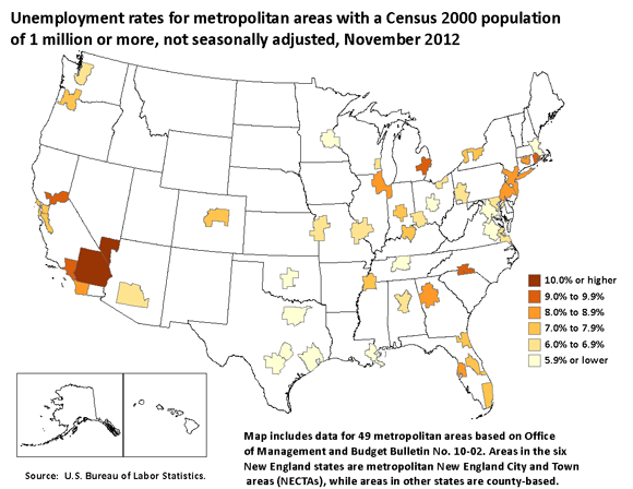 Unemployment rates for metropolitan areas with a Census population of 1 million or more, not seasonally adjusted, November 2012