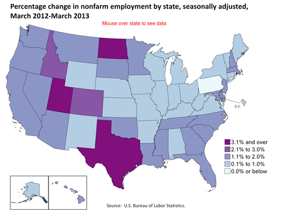Percentage change in nonfarm employment by state, seasonally adjusted, March 2012-March 2013