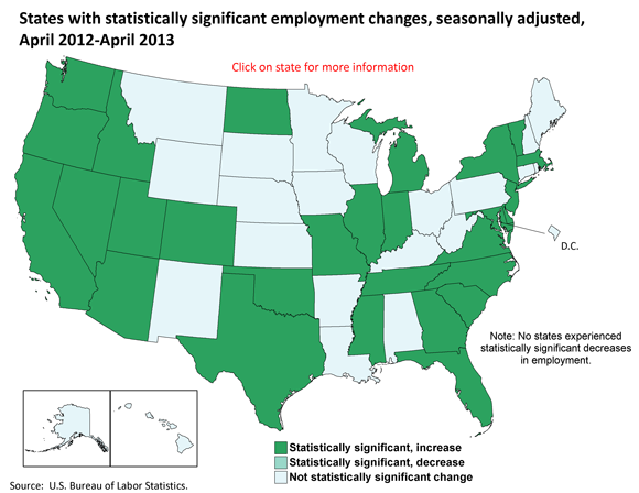 States with statistically significant employment changes, seasonally adjusted, April 2012-April 2013