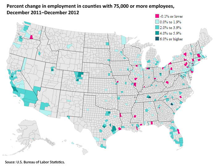 Percent change in employment in counties with 75,000 or more employees, December 2011-2012