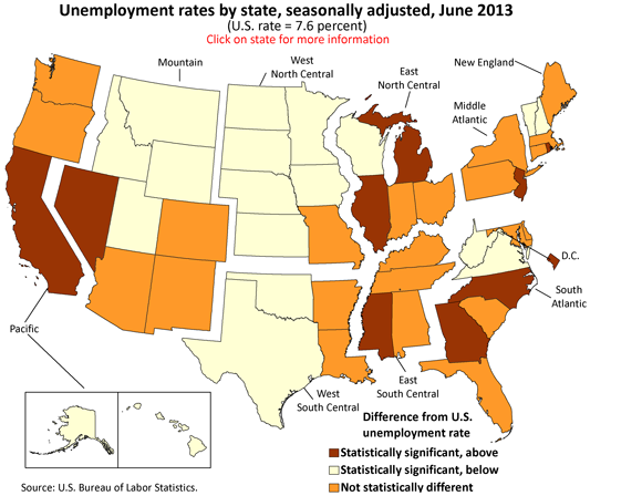 Unemployment rates by state, seasonally adjusted, June 2013 (U.S. rate = 7.6 percent)
