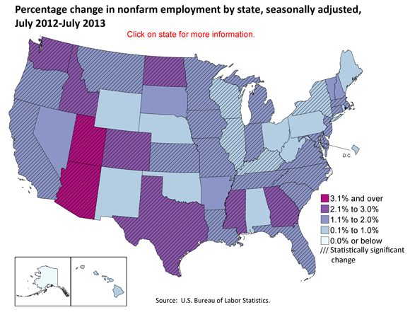Percentage change in nonfarm employment by state, seasonally adjusted, July 2012-July 2013
