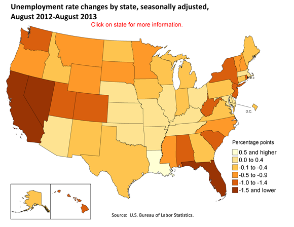 Percentage change in unemployment rates by state, seasonally adjusted,  August 2012-August 2013