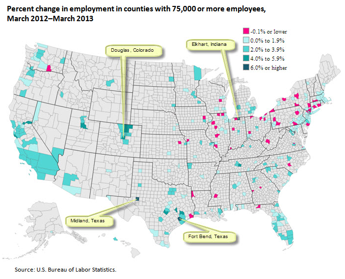 Percent change in employment in counties with 75,000 or more employees, March 2012-March 2013