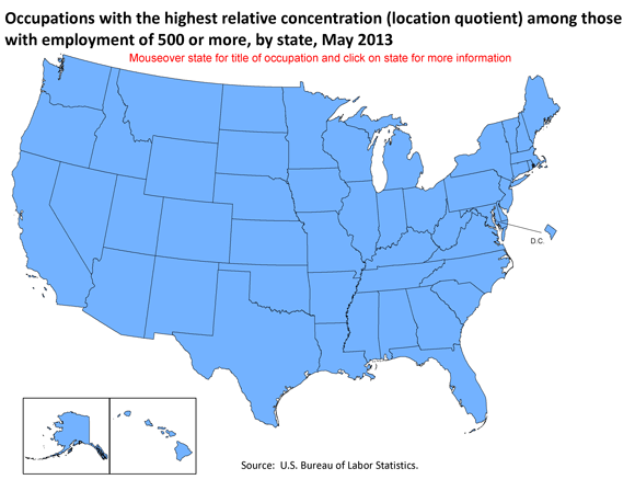 Occupations with the highest relative concentration (location quotient) among those with employment of 500 or more, by state, May 2013