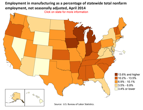Employment in manufacturing as a percentage of statewide total nonfarm employment, by state, not seasonally adjusted, April 2014