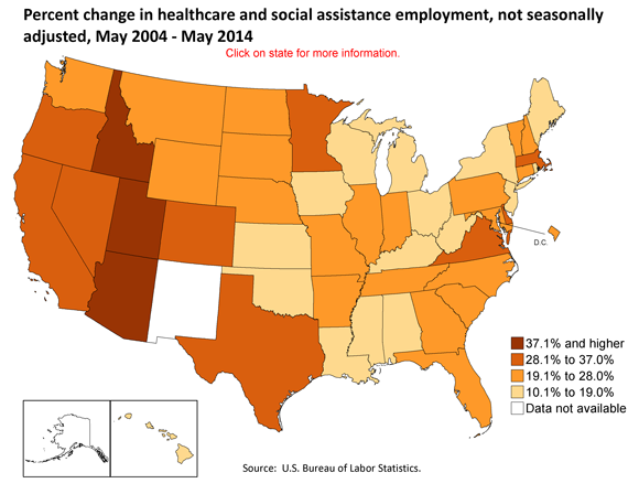 Percent change in healthcare and social assistance employment, not seasonally adjusted, May 2004-May 2014