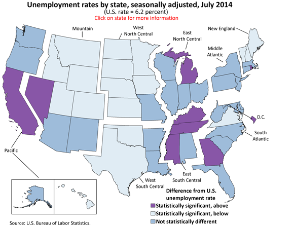 Unemployment rates by state, seasonally adjusted, July 2014 (U.S. rate = 6.2 percent)