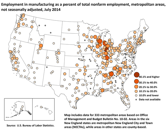 Employment in manufacturing as a percent of total nonfarm employment, metropolitan areas, not seasonally adjusted, July 2014