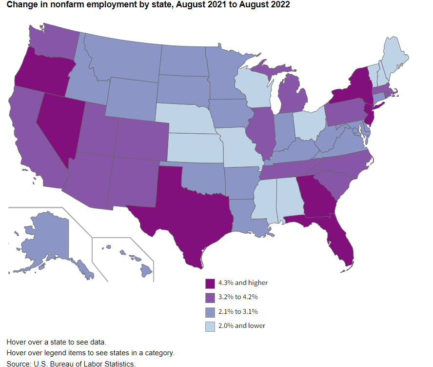A data chart image of Nonfarm payroll employment up in 46 states and DC from August 2021 to August 2022