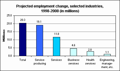 Projected employment change, selected industries, 1998-2008 (in millions)