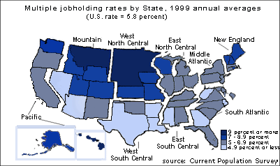  Map showing Multiple jobholding rates by State, 1999 annual averages