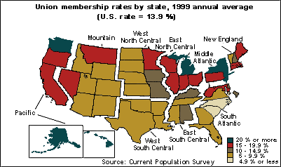 Map showing union membership rates by state, 1999 annual average