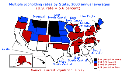Multiple jobholders as a percentage of total employment by State, 1999 and 2000 annual averages