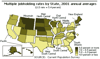 Multiple jobholding rates by State, 2001 annual averages