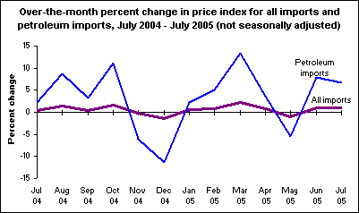 Over-the-month percent change in price index for all imports and petroleum imports, July 2004 - July 2005 (not seasonally adjusted)