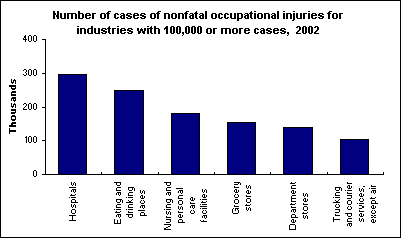 Number of cases of nonfatal occupational injuries for industries with 100,000 or more cases, 2002