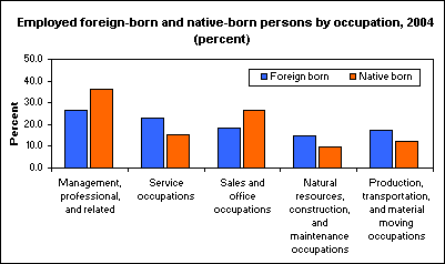 Employed foreign-born and native-born persons by occupation, 2004 (percent)