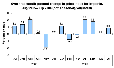 Over-the-month percent change in price index for imports, July 2005–July 2006 (not seasonally adjusted)