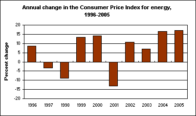 Annual change in the Consumer Price Index for energy, 1996-2005