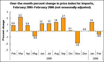 Over-the-month percent change in price index for imports, February 2005–February 2006 (not seasonally adjusted)