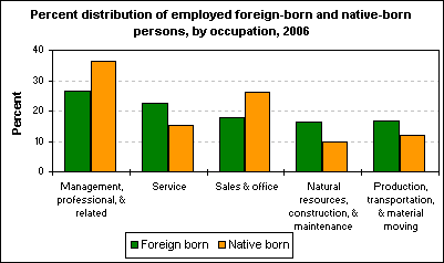 Percent distribution of employed foreign-born and native-born persons, by occupation, 2006