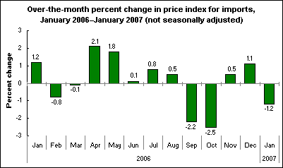 Over-the-month percent change in price index for imports, January 2006–January 2007 (not seasonally adjusted)