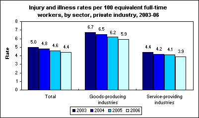 Injury and illness rates per 100 equivalent full-time workers, by sector, private industry, 2003-06