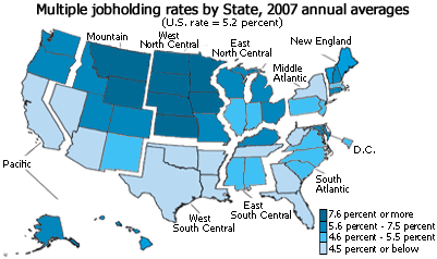 Multiple jobholders as a percentage of total employment by State, 2006 and 2007 annual averages
