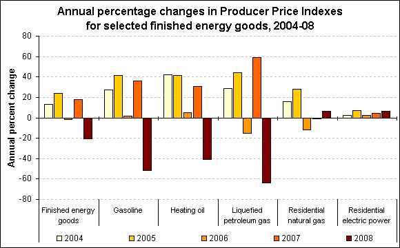 Annual percentage changes in Producer Price Indexes for finished energy goods, 2004-08