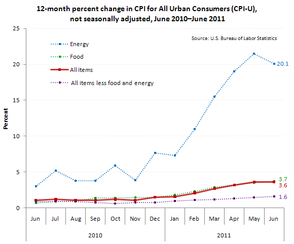 12-month percent change in CPI for All Urban Consumers (CPI-U), not seasonally adjusted, June 2010 - June 2011