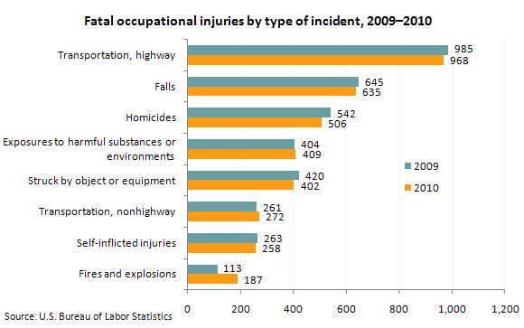 Fatal occupational injuries by type of incident, 2009–2010