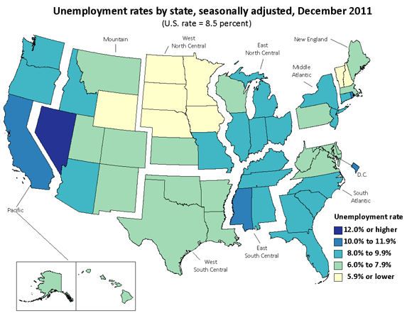 Unemployment rates by state, seasonally adjusted, December 2011