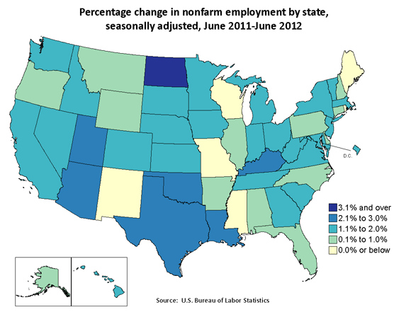 Percentage change in nonfarm employment by state, seasonally adjusted, June 2011-June 2012