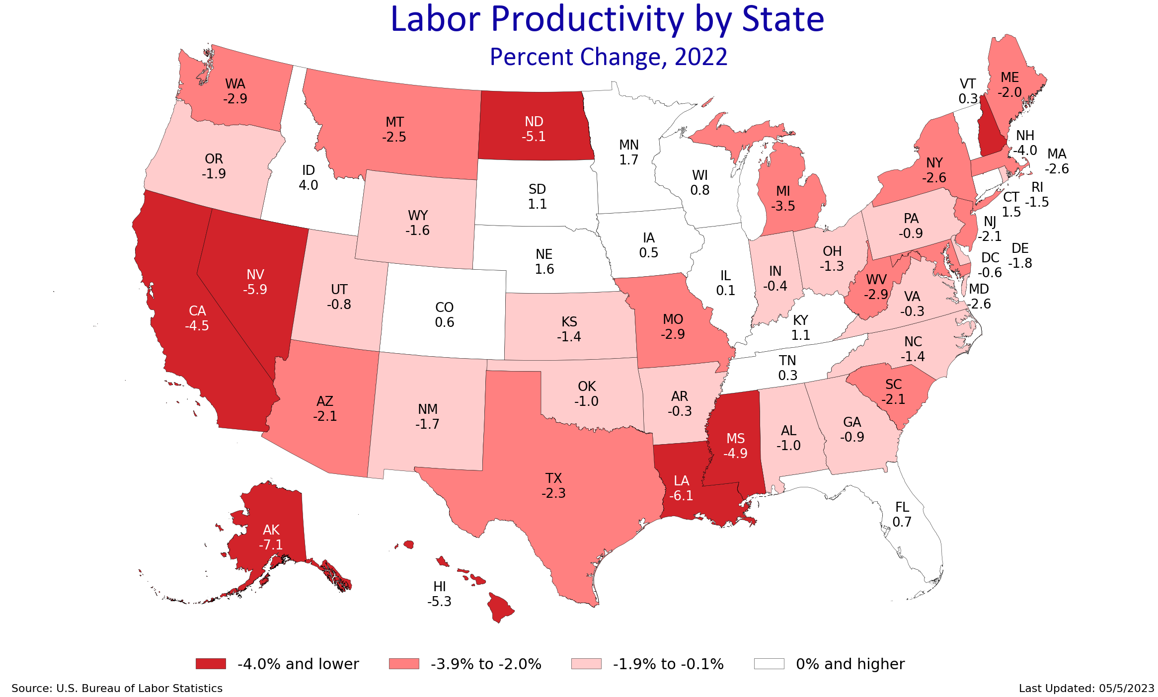 State map of labor productivity, 1-year percent change. Chart data are included in the linked table below.