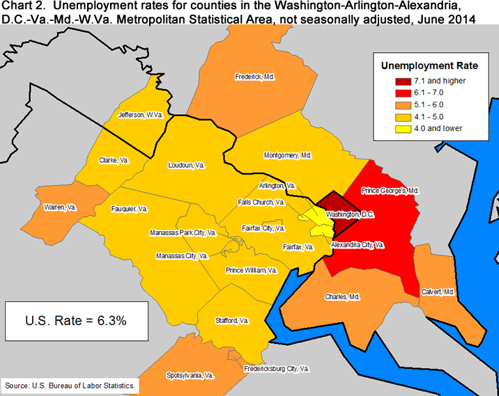 Chart 2. Unemployment rates for counties in the Washington-Arlington-Alexandria, D.C.-Va.-Md.-W.Va. Metropolitan Statistical Area, not seasonally adjusted, June 2014